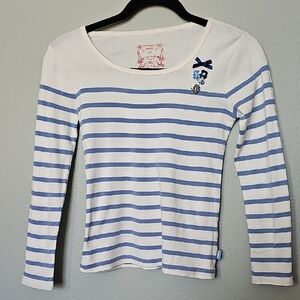 Pumpkin Patch Girly Fun Striped Blue and White Kids Embellished Shirt Size 11